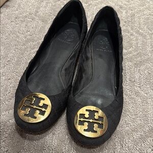 Tory Burch Black Flats with Gold Logo